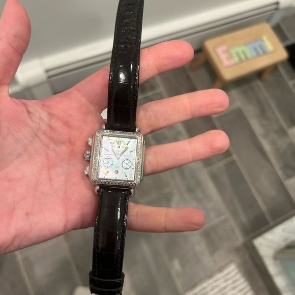 MICHELE Deco Stainless Diamond Watch With Addl Black Alligator Watch Band - Picture 9 of 14